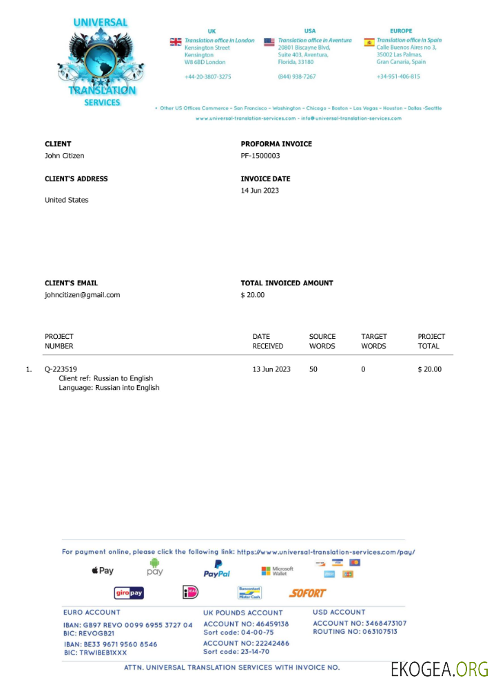 Modèle Word et PDF de facture USA Universal Translation Services